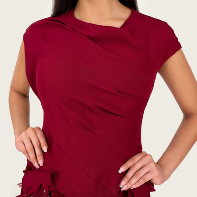 Pleated Crepe Midi Dress with Dangling Sequin Floral Embellishments – Burgundy - Noētic