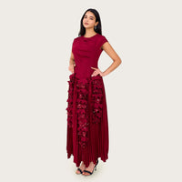 Pleated Crepe Midi Dress with Dangling Sequin Floral Embellishments – Burgundy - Noētic