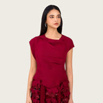 Pleated Crepe Midi Dress with Dangling Sequin Floral Embellishments – Burgundy - Noētic