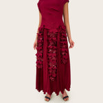 Pleated Crepe Midi Dress with Dangling Sequin Floral Embellishments – Burgundy - Noētic