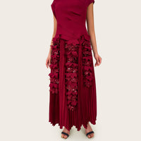 Pleated Crepe Midi Dress with Dangling Sequin Floral Embellishments – Burgundy - Noētic