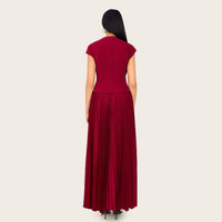 Pleated Crepe Midi Dress with Dangling Sequin Floral Embellishments – Burgundy - Noētic