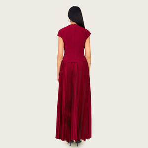 Pleated Crepe Midi Dress with Dangling Sequin Floral Embellishments – Burgundy - Noētic