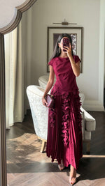 Pleated Crepe Midi Dress with Dangling Sequin Floral Embellishments – Burgundy - Noētic