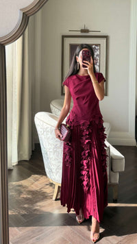 Pleated Crepe Midi Dress with Dangling Sequin Floral Embellishments – Burgundy - Noētic