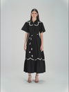 Black Poplin Maxi Dress with Lace Inserts and Beaded Waist Belt