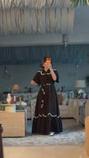 Black Poplin Maxi Dress with Lace Inserts and Beaded Waist Belt
