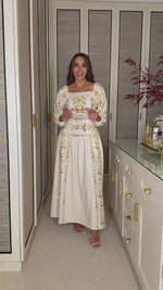 Floral Linen Dress with Hand-Beaded Waist
