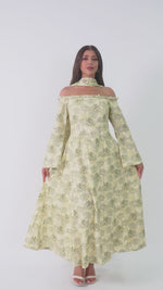 Luxury Linen Palm Print Maxi Dress with Scarf & Flared Sleeves