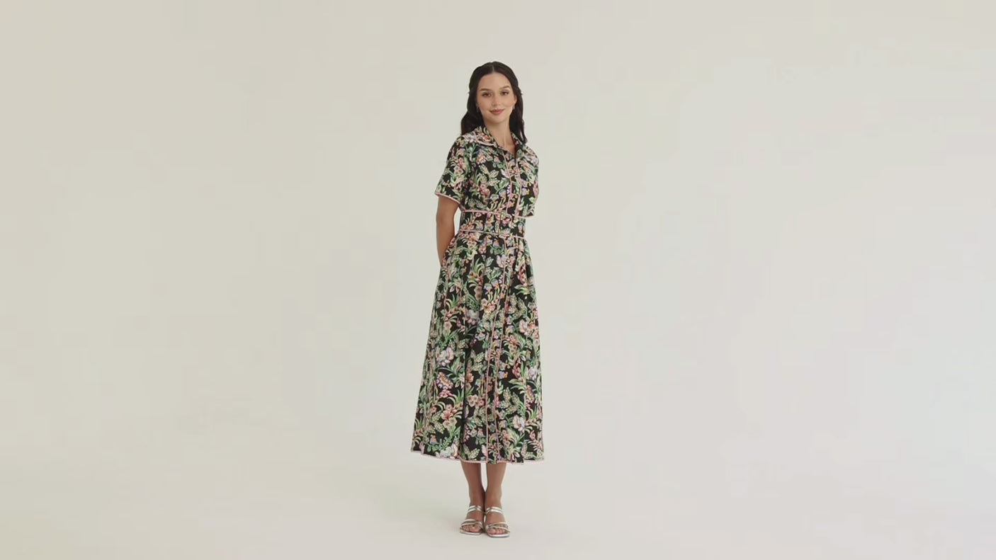 Black Floral Linen Shirt Dress