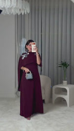 Burgundy Embellished Crepe Cape Dress