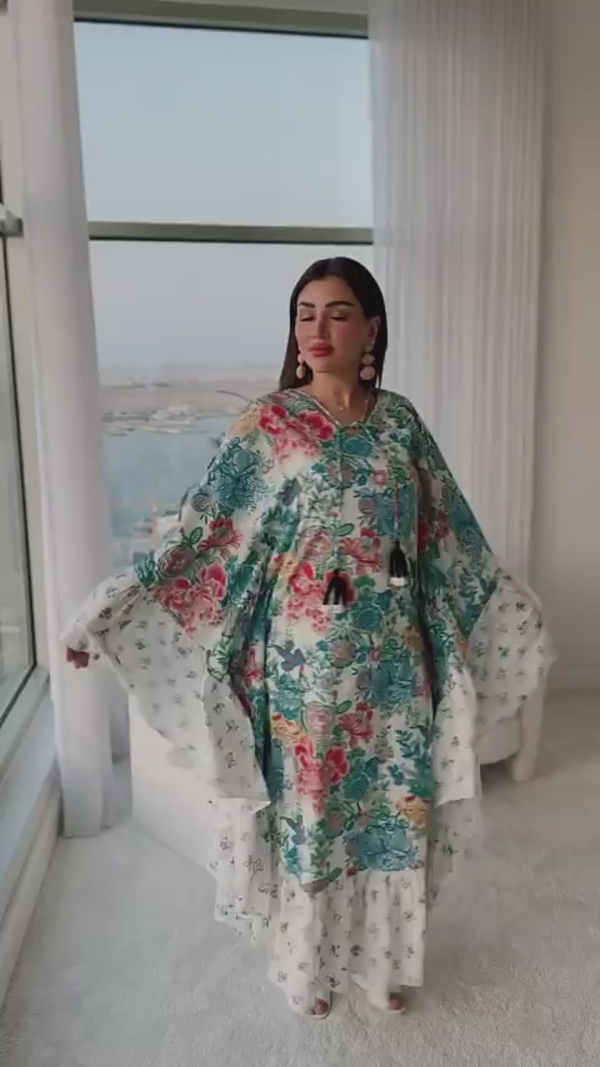 Printed Ruffle Trimmed Kaftan with Tie Neck & Tassels