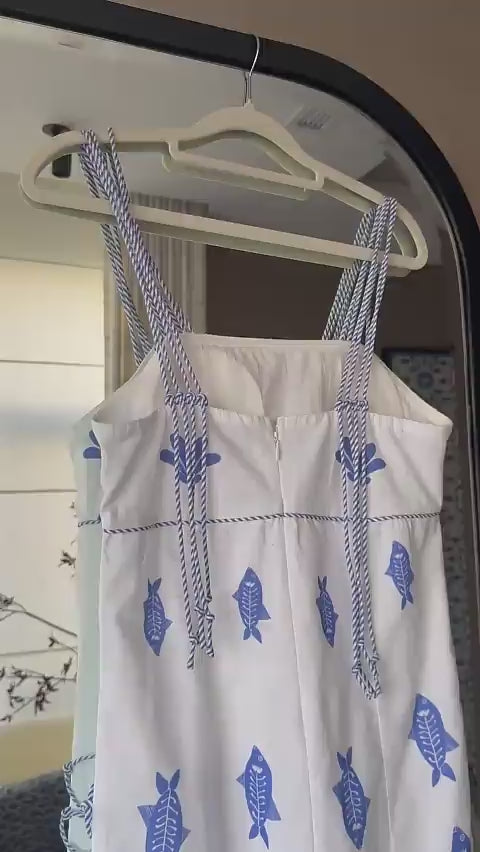 Blue and white Fish Print Lace-Up Cotton Dress