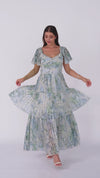Abstract Botanical Pleated Chiffon Maxi Dress