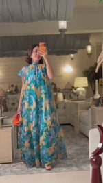 Printed Organza Maxi Dress with Back Bow Tie