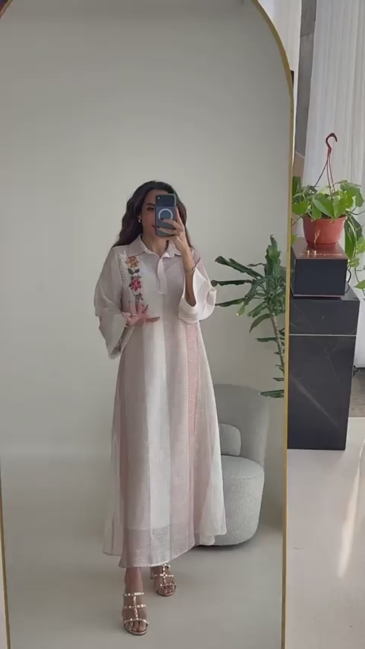 Maxi Shirt Dress with Handcrafted Floral Embroidery