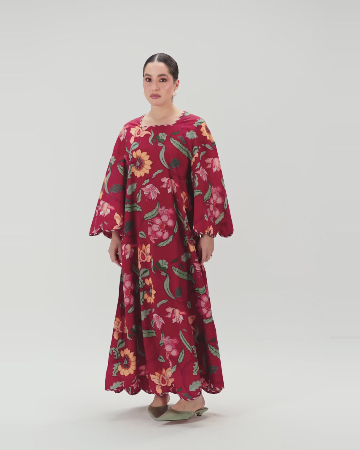 Maroon Red Floral Maxi Dress with Square Neckline