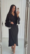 Black and White Wrap Crepe with Ruffled Sleeve Dress