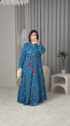 Blue Printed Maxi Wrap Dress with Belt & Tassel Details
