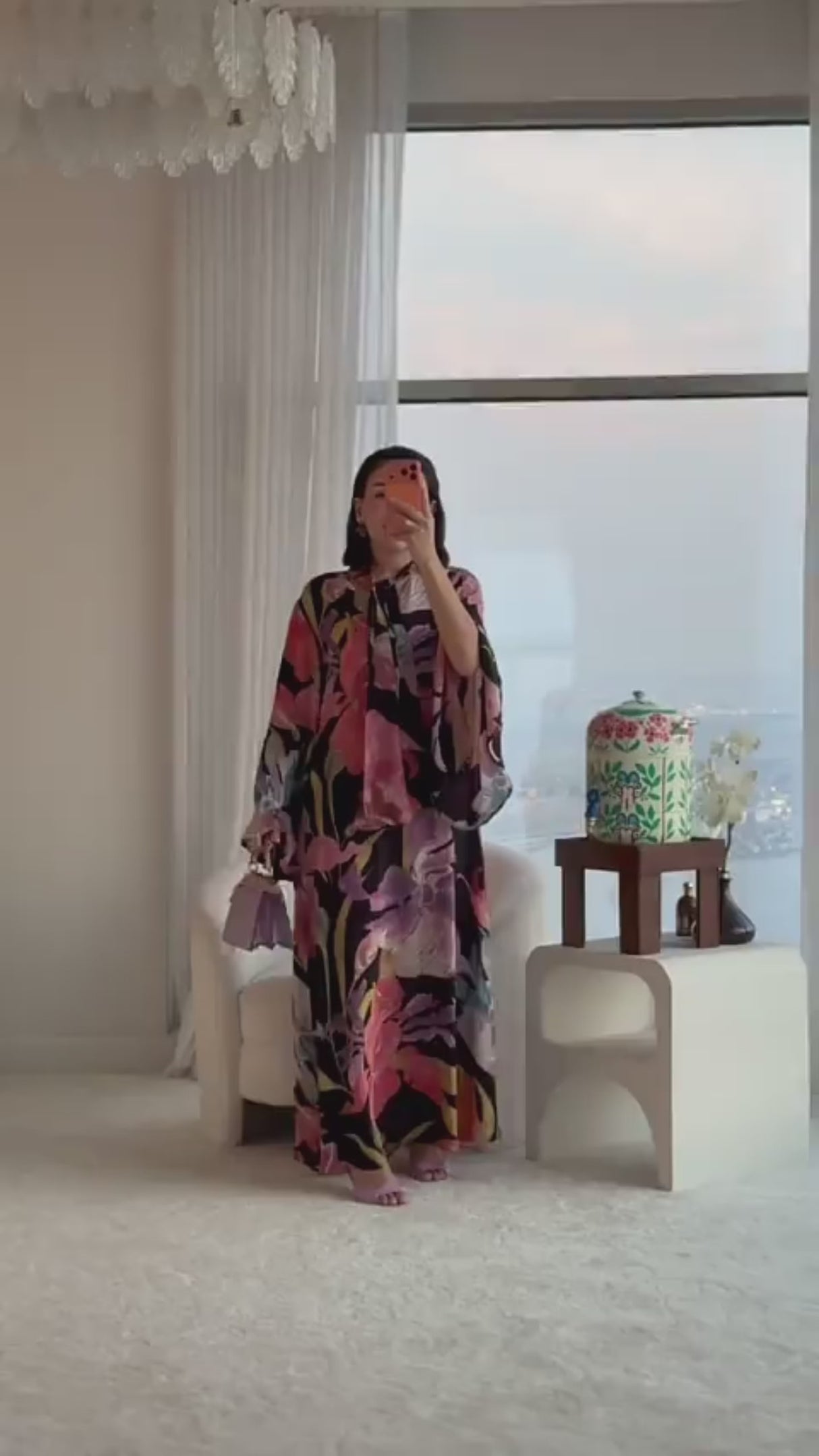 Black Printed Maxi A-line Kaftan with Tie Neck