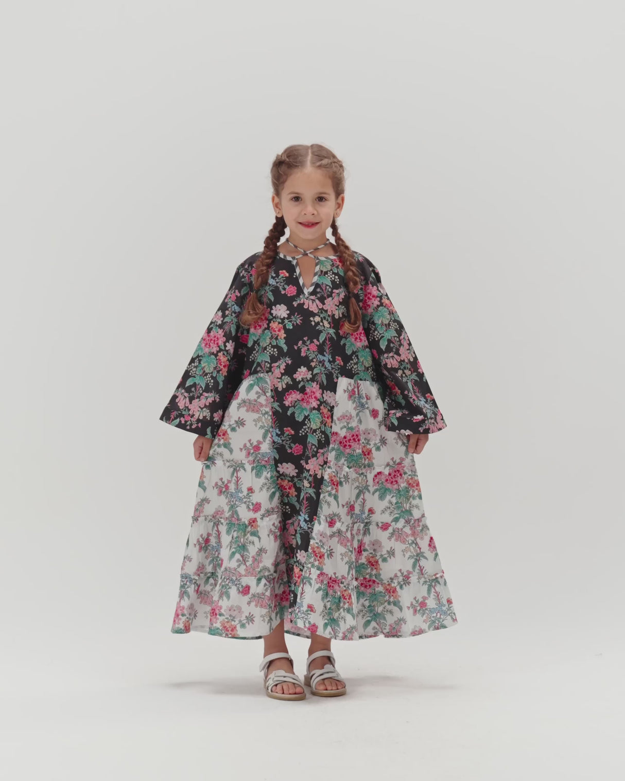 Girls Floral Cotton Dress with Tie Neck and Tassels