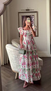 Luxury Poplin Floral Maxi Dress with Off-Shoulder Ruffle Neckline