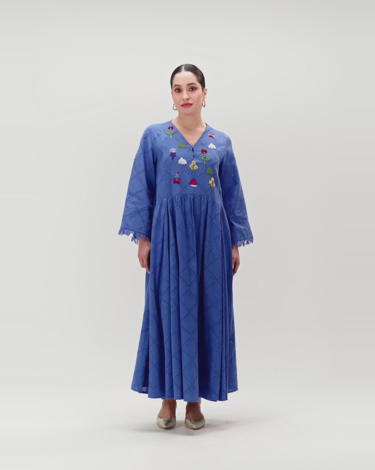 Eyelet Cotton A-Line Dress with Handmade Beaded & Sequin Details