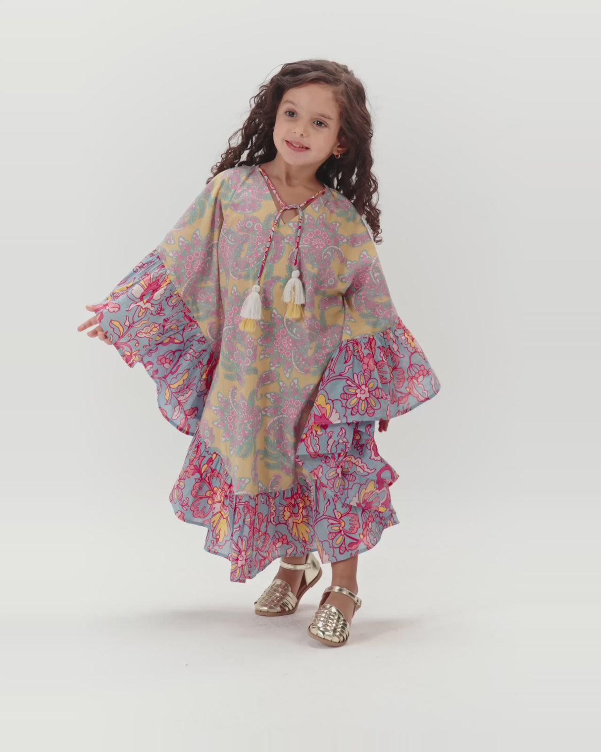 Girls Printed Kaftan with Flowy Silhouette and Sleeves -Pink