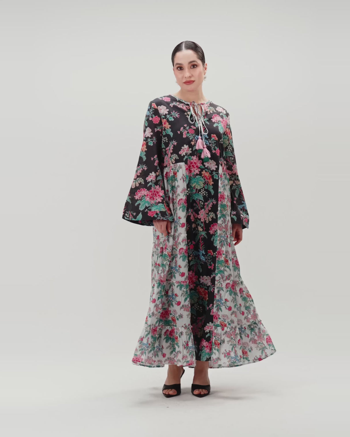 Loose Floral Cotton Dress with Tassels