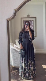 فستان ماكسي اسود مزهر بخليط الكتان أوف شولدر مع حزام خصر
