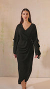 Black and White Wrap Crepe with Ruffled Sleeve Dress