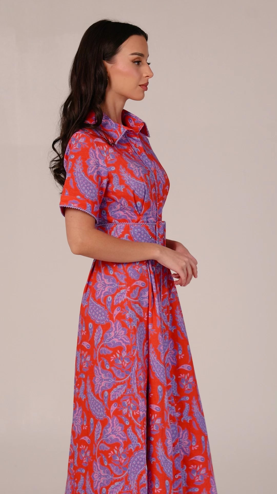 Printed Linen Dress with Vibrant Red and Purple Colors