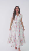 Luxury Linen Maxi Dress with Floral Print & Fringe Detail