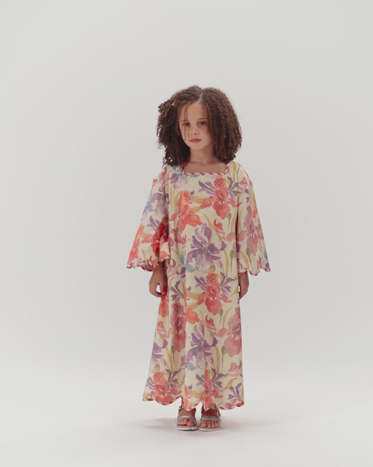 Printed Cotton Kids Dress with Relaxed Fit and Scalloped Edges - Peach