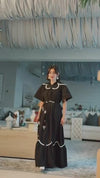Black Poplin Maxi Dress with Lace Inserts and Beaded Waist Belt