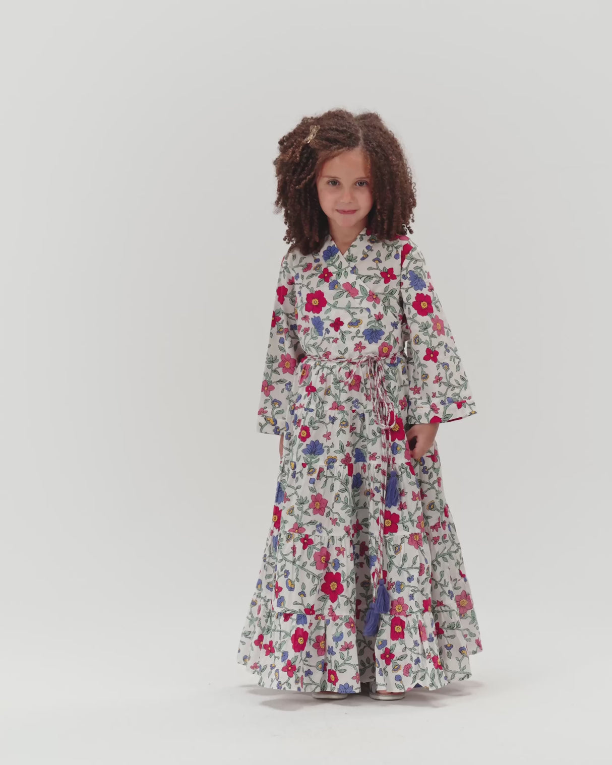 Girls Floral Tiered Wrap Dress in Cotton Fabric - White