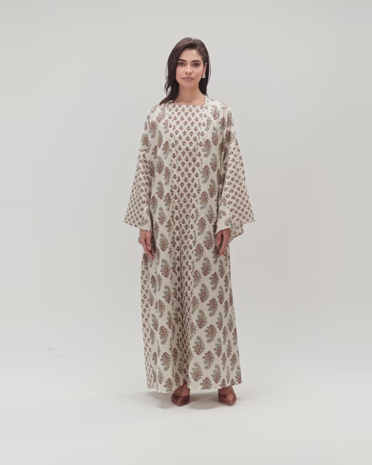 طقم عباية و فستان قطن مطبوع مذهب - تركواز