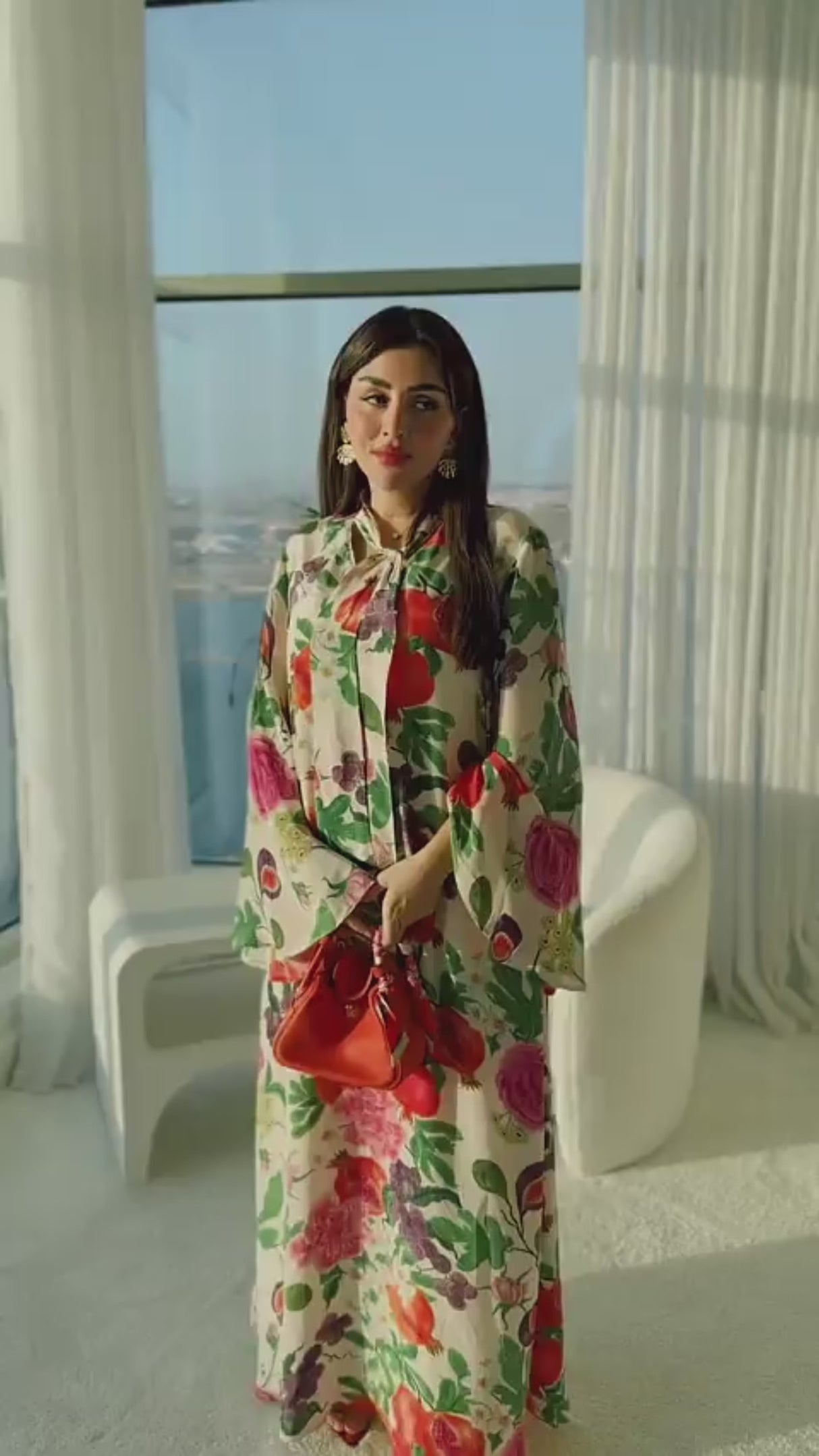 Floral Fruity Printed Maxi Kaftan with Tie Neckline