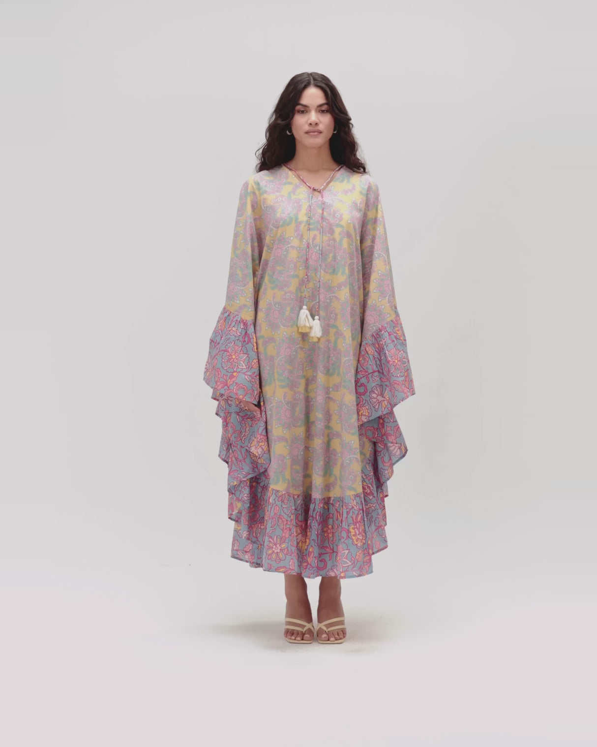 Printed Flowy Kaftan Dress with Soft Multicolor Motifs and Tassels
