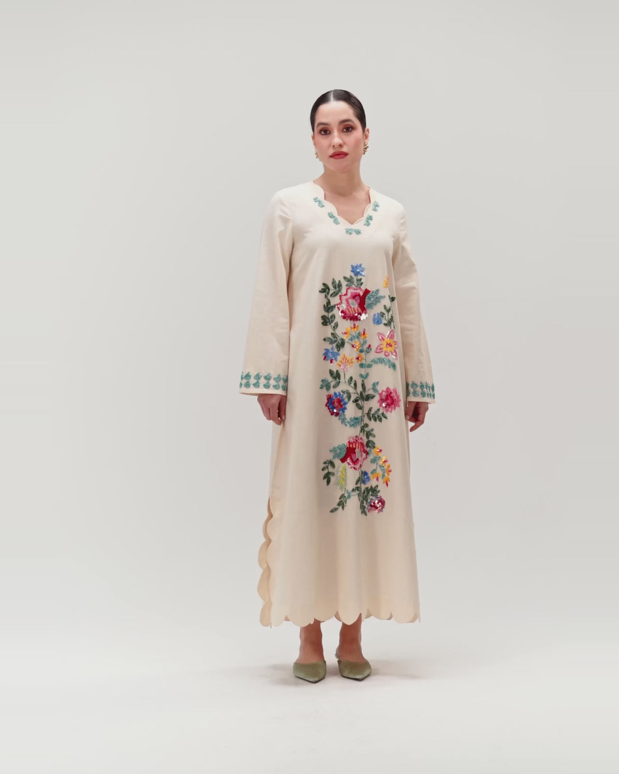 Soft Melon Linen Kaftan with Hand Embellishments and Scalloped Edges