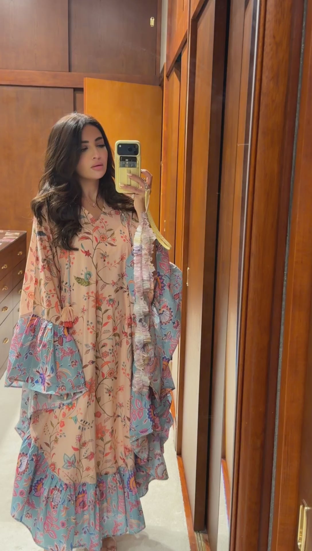 A flowy cotton kaftan with ruffle wide sleeves and mix print