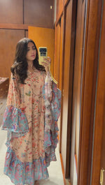 A flowy cotton kaftan with ruffle wide sleeves and mix print