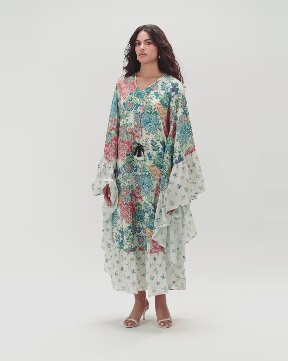 Printed Ruffle Trimmed Kaftan with Tie Neck & Tassels