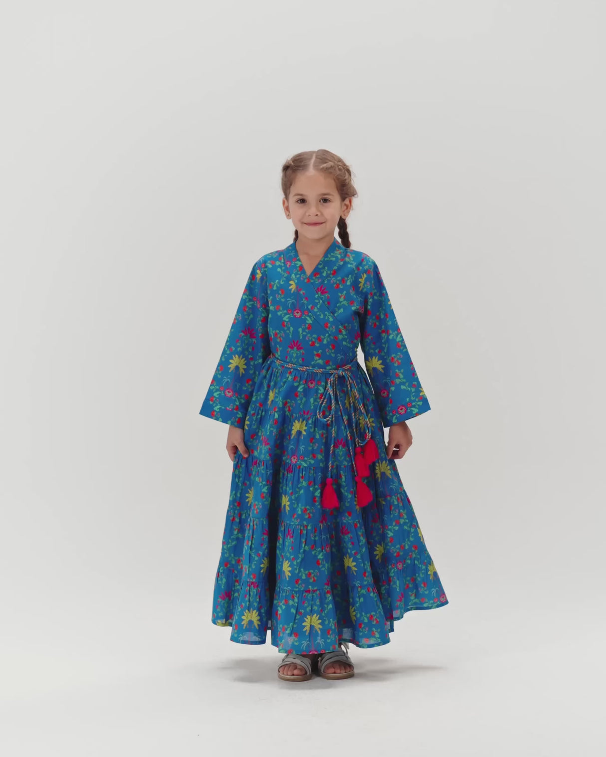 Girls Floral Tiered Wrap Dress in Cotton Fabric - Blue