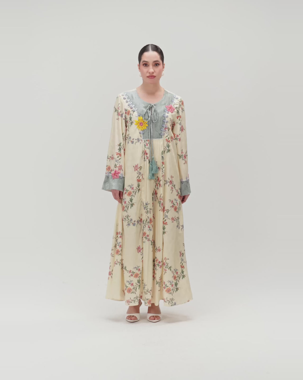 Cream Floral Maxi Kaftan Dress with Embroidery & Front Tie