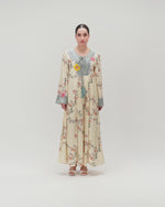 Cream Floral Maxi Kaftan Dress with Embroidery & Front Tie