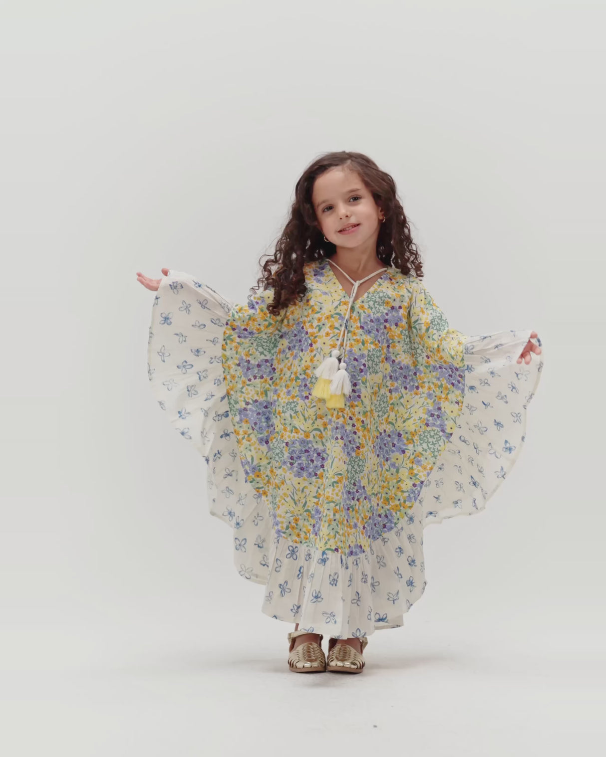 Girls Printed Kaftan with Flowy Silhouette and Sleeves - Pastels