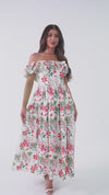 Luxury Poplin Floral Maxi Dress with Off-Shoulder Ruffle Neckline