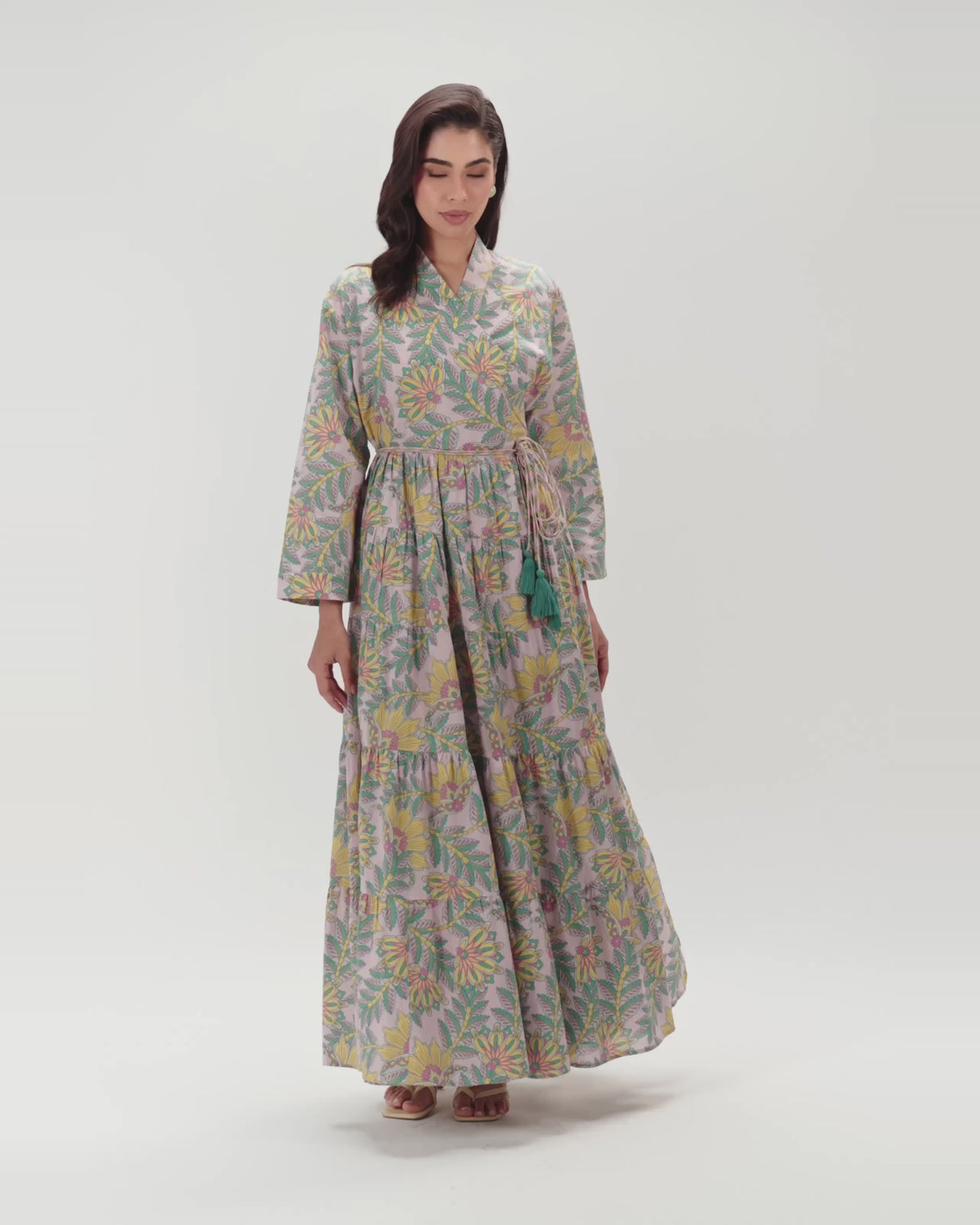 Printed Maxi Wrap dress with Tie Waist & Tassels