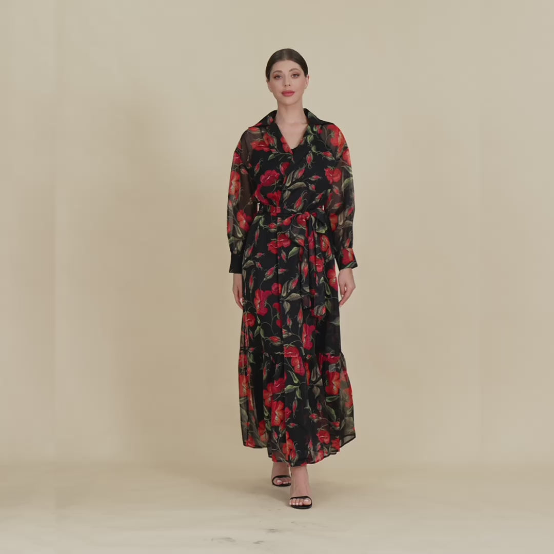 فستان شيفون لف اسود بطبعة زهور دافئة